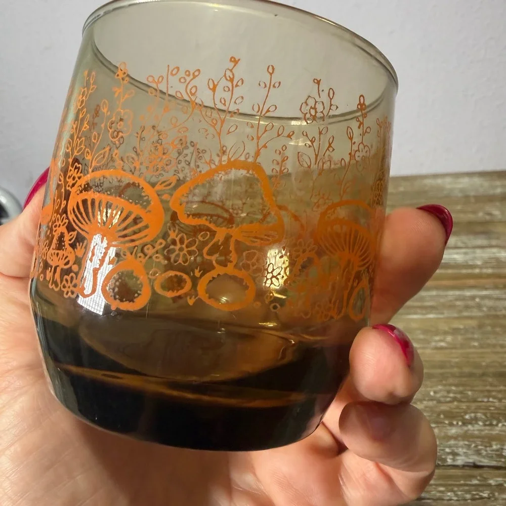 Vintage Mushroom Fairycore Lowball Glasses Set 3 Amber Orange Cottagecore Floral